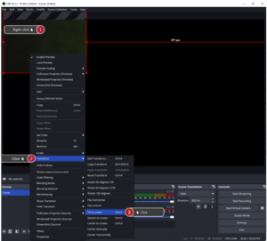 OBS Studio interface showing transform menu options.