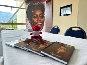 Tafel met boeken en rode teddybeer.
